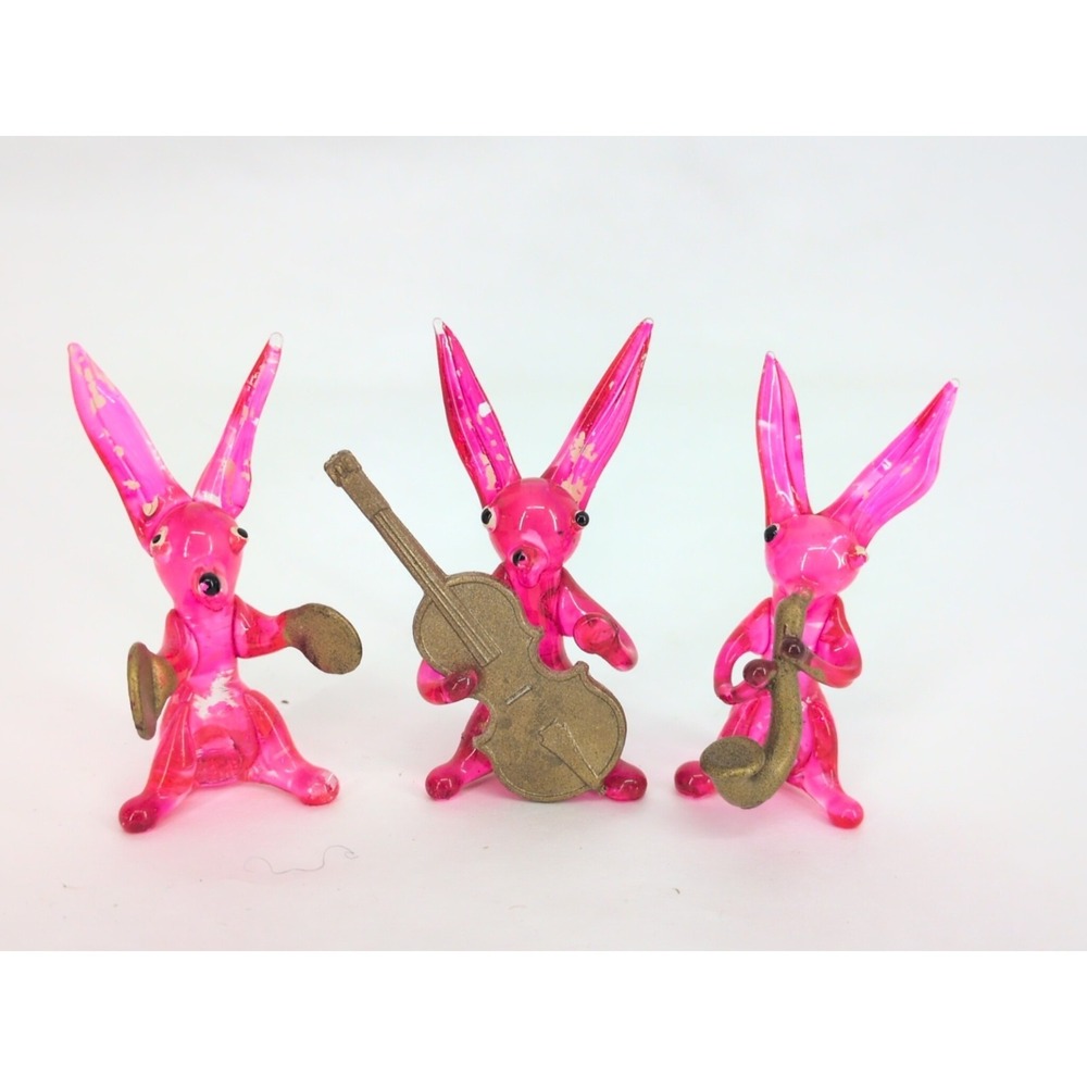 Pink Glass Bunny Miniature Rabbit Band Musician Blown Art Vintage  Figurine